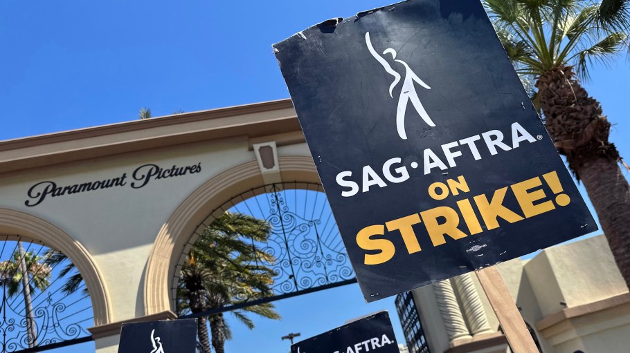 Strike signage is seen at Paramount Studios in Los Angeles, California.