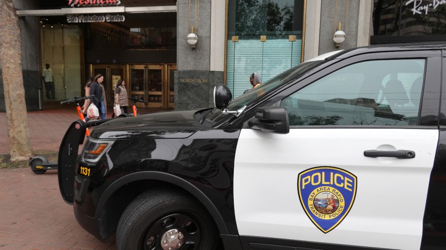 SAN FRANCISCO, CA - JUNE 14: A Bay Area Rapid Transit (BART) police car sits parked in front of the Westfield San Francisco Centre on June 14, 2023 in San Francisco, California. San Francisco's downtown continues to struggle with keeping retail and commercial properties rented following the COVID-19 pandemic, and lags behind all major cities in the U.S. and Canada. Westfield has stopped making payments on a $558 million loan for their mall at 865 Market St. weeks after their anchor tenant Nordstrom announced plans to pull out of the mall. Downtown San Francisco has an estimated 18.4 million square feet of available real estate.