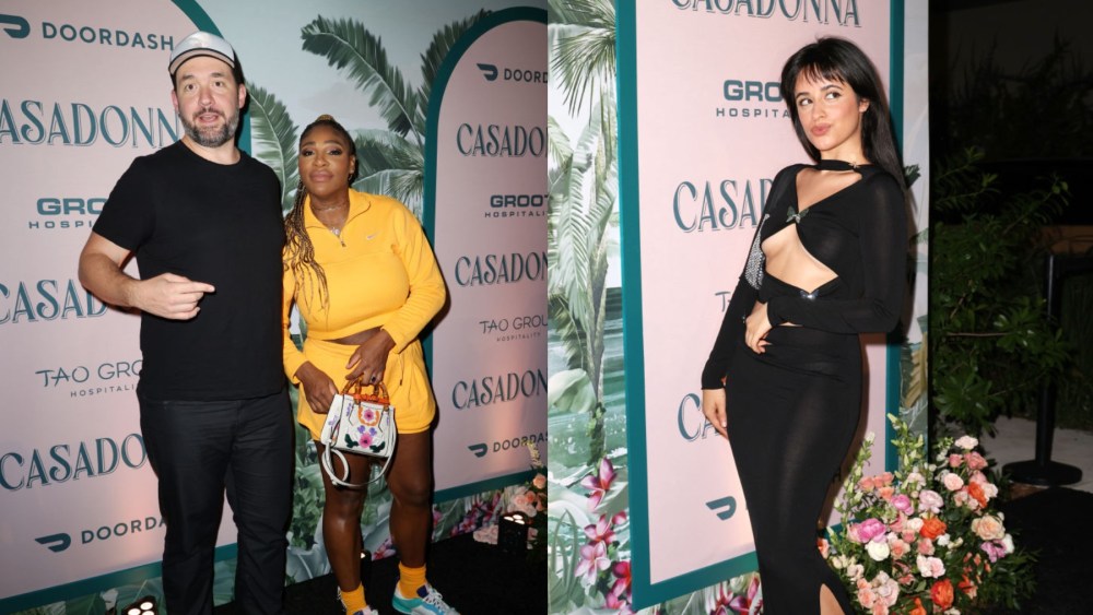 (L-R) Alexis Ohanian, Serena Williams and Camila Cabello at the Casadonna opening celebration on Oct. 20 in Miami.