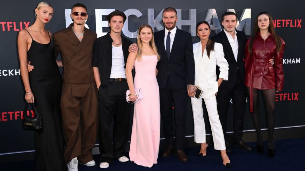 Mia Regan, Romeo Beckham, Cruz Beckham, Harper Beckham, David Beckham, Victoria Beckham, Brooklyn Beckham and Nicola Peltz Beckham attend the premiere of "Beckham" on Oct. 3 in London.
