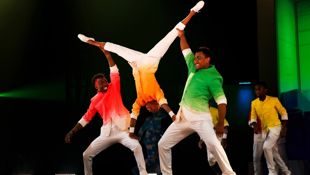 Performers in Cirque du Soleil show off new Nicolas Vaudelet fashions.