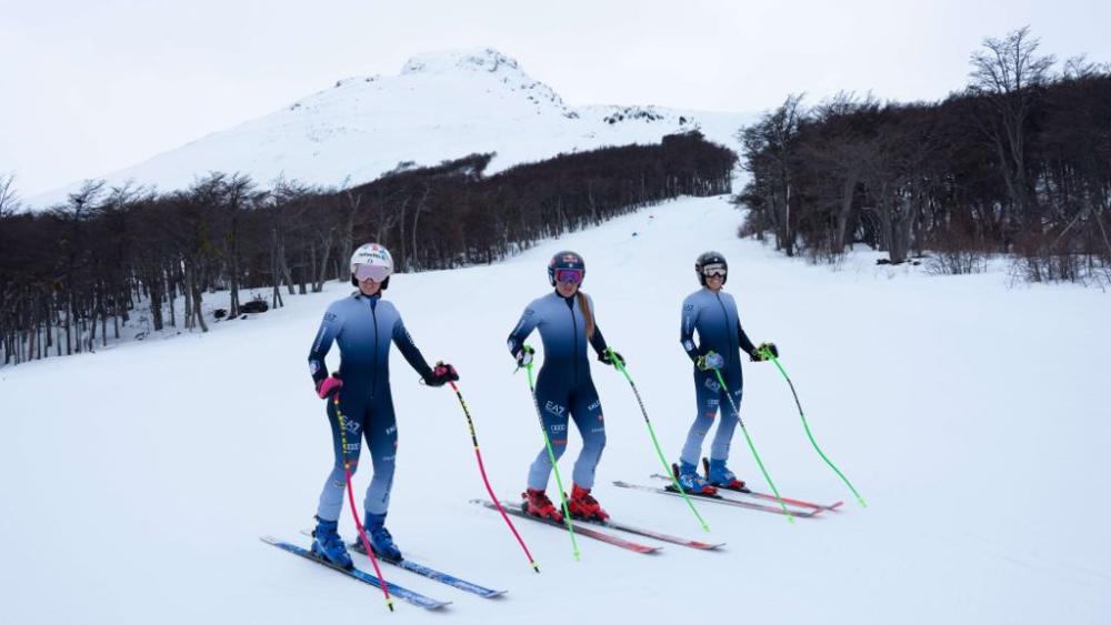 Italian winter sports athletes donning the new EA7 ski suit for the 2023/2024 season.