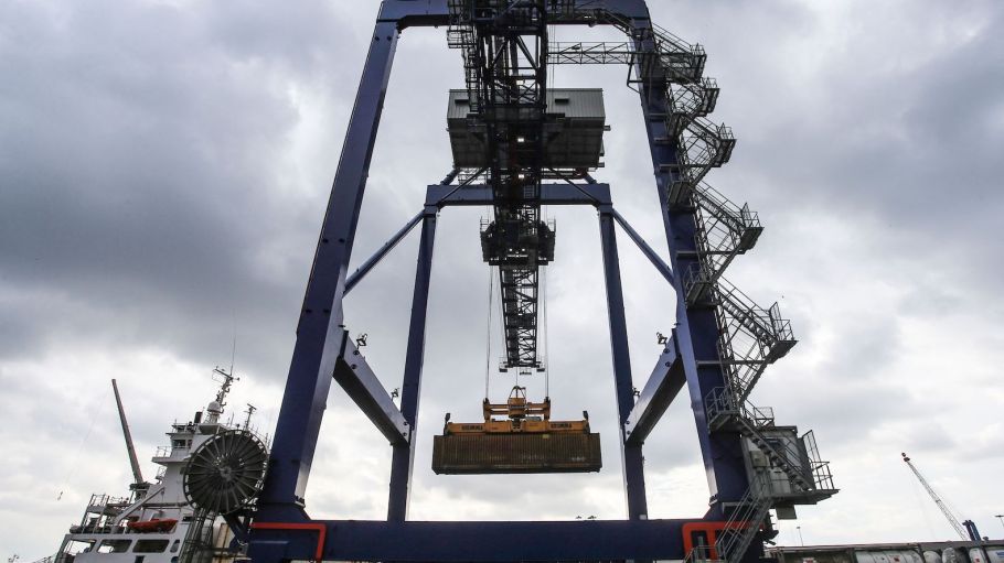 A container ship is unloaded at the Port of Immingham, one of the ports that could be impacted by a possible maritime pilot strike in the U.K.