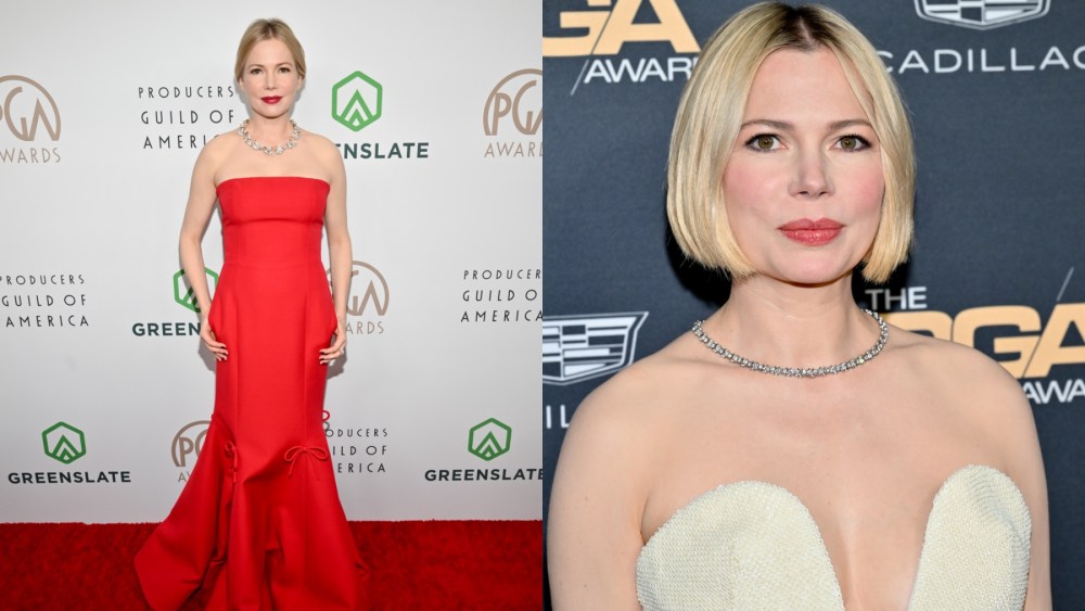 (L-R) Michelle Williams at the 2023 Producers Guild Awards on Feb. 25 in Los Angeles, Michelle Williams at the 2023 DGA Awards on on Feb. 18 in Los Angeles.