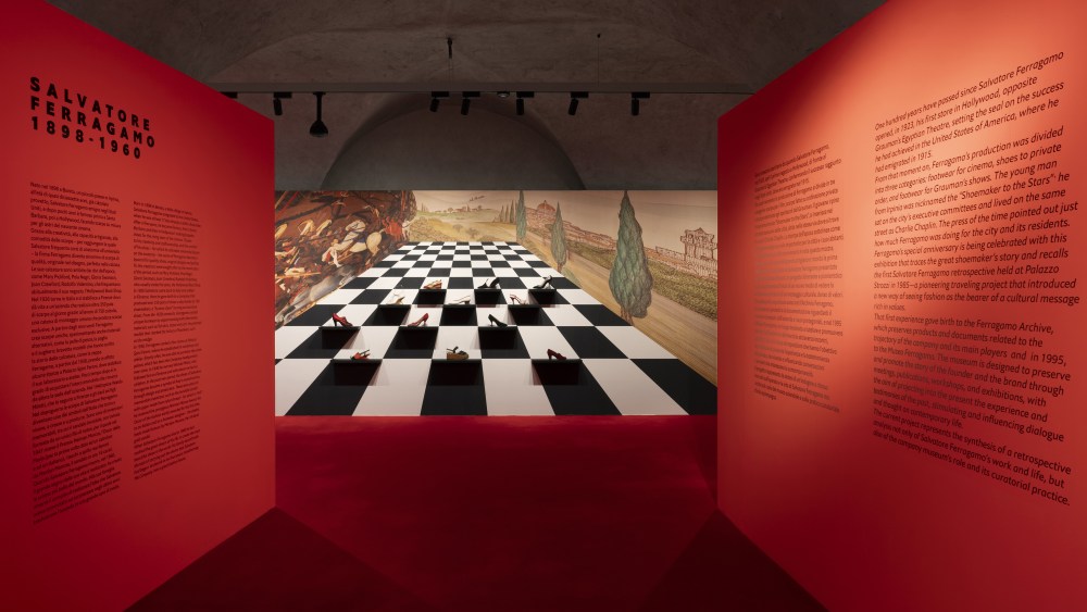 The entry hall of the "Salvatore Ferragamo 1898-1960" exhibition in Florence.