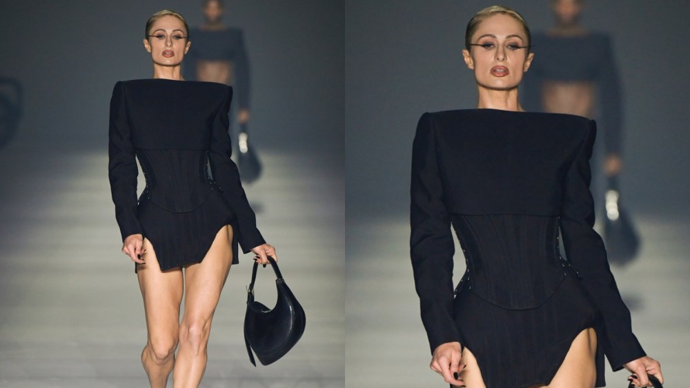 Paris Hilton on the runway at Mugler spring 2024 ready-to-wear fashion show on Oct. 2 in Paris.