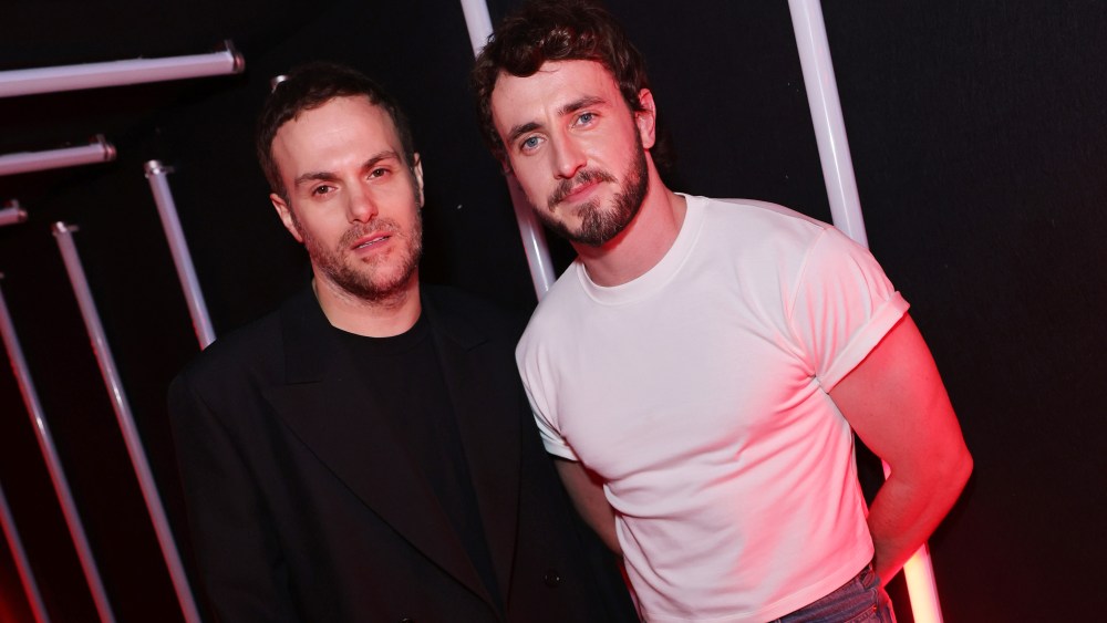 LONDON, ENGLAND - OCTOBER 10: GUCCI Creative Director Sabato De Sarno and Paul Mescal attend the Gucci Cosmos evening Vernissage at 180 The Strand on October 10, 2023 in London, England. Photo by Dave Benett