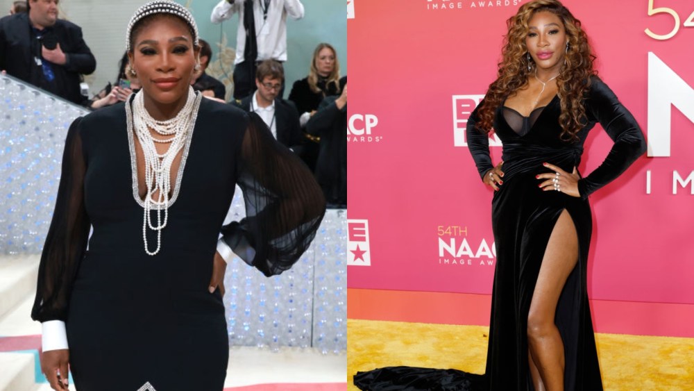 (L-R) Serena Williams at the 2023 Met Gala on May 1 in New York City and Serena Williams at the 2023 NAACP Image Awards on Feb. 25 in Los Angeles.