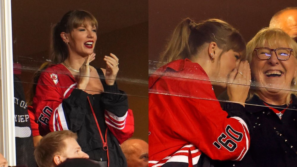 (L-R) Taylor Swift and Donna Kelce at the Kansas City Chiefs versus Denver Broncos game in Kansas City, Missouri on Oct. 12.