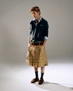 Miu Miu chambray shirt, wool sweater, nylon shorts and lamé skirt; Miu Miu belt and shoes; Sivan’s own socks.