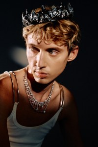 Dion Lee cotton wire-strap tank top; Laurel DeWitt crown; De Beers diamond necklace and headband worn around neck, both set in 18-karat white gold.