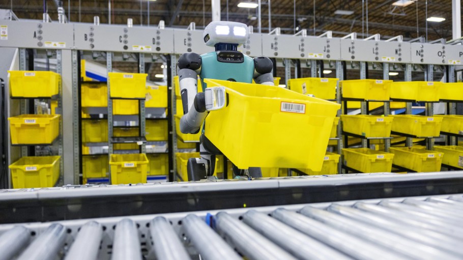 Digit, developed by Agility Robotics, is a bipedal robot that can walk forward, backward, turn around and bend, and can grab, lift and move totes around a warehouse.