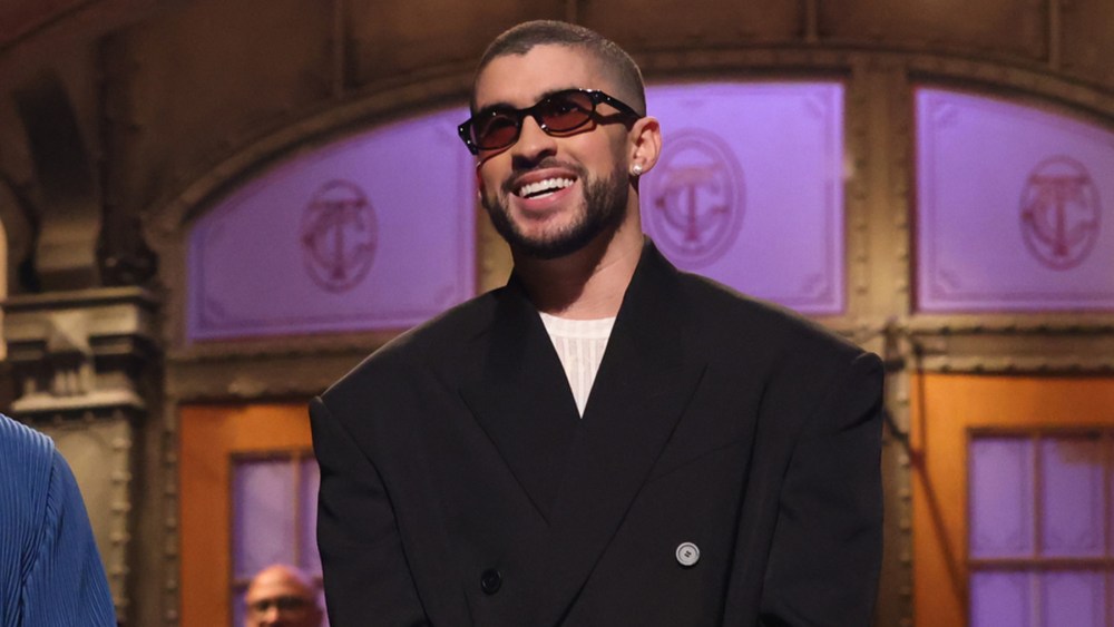 SATURDAY NIGHT LIVE -- "Bad Bunny" Episode 1846 -- Pictured: (l-r) Pedro Pascal and host Bad Bunny during the Monologue on Saturday, October 21, 2023 -- (Photo by: Will Heath/NBC via Getty Images)