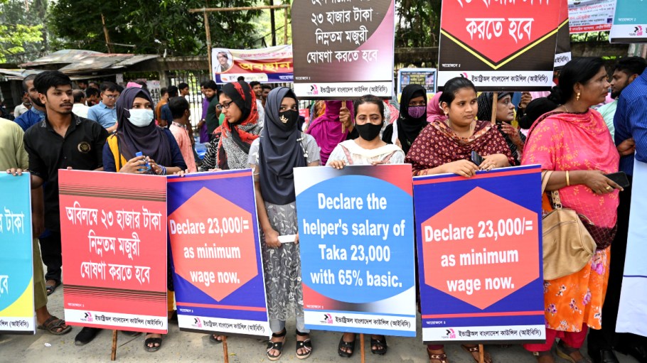 Activists of IndustriALL Bangladesh Council held a protest rally to demanding an increase in the minimum wages for garment workers, in Dhaka, Bangladesh, on Oct. 1, 2023.