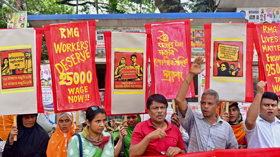 Garment workers take part in a protest rally to demand an increase in the minimum wages, in Dhaka on October 1, 2023.