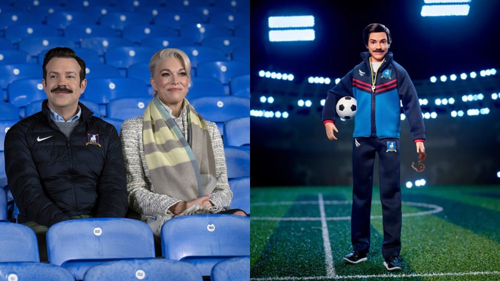 Jason Sudeikis and Hannah Waddingham in "Ted Lasso," the Ted Lasso doll from the "Ted Lasso'" x Barbie collection.