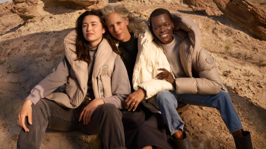 An image from the Canada Goose fall campaign featuring Kimberly Newell, Sophie Darlington and Sheila Atim.