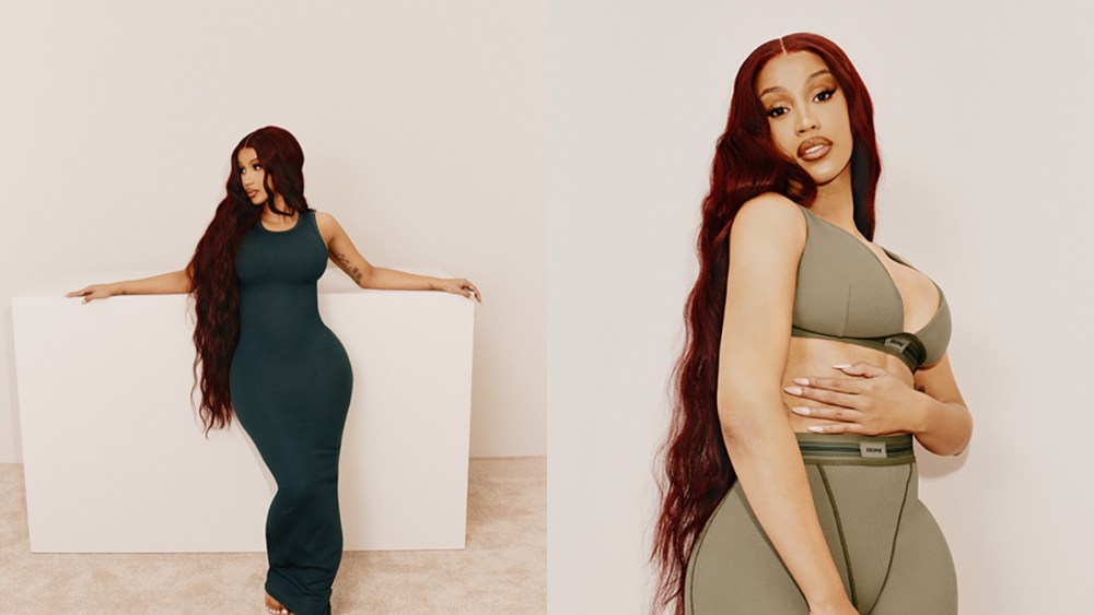 Cardi B wearing the Skims cotton rib sleeveless long dress ($78) and the Skims cotton plunge bralette ($36) and Skims cotton rib legging ($54), all from the brand's cotton collection.