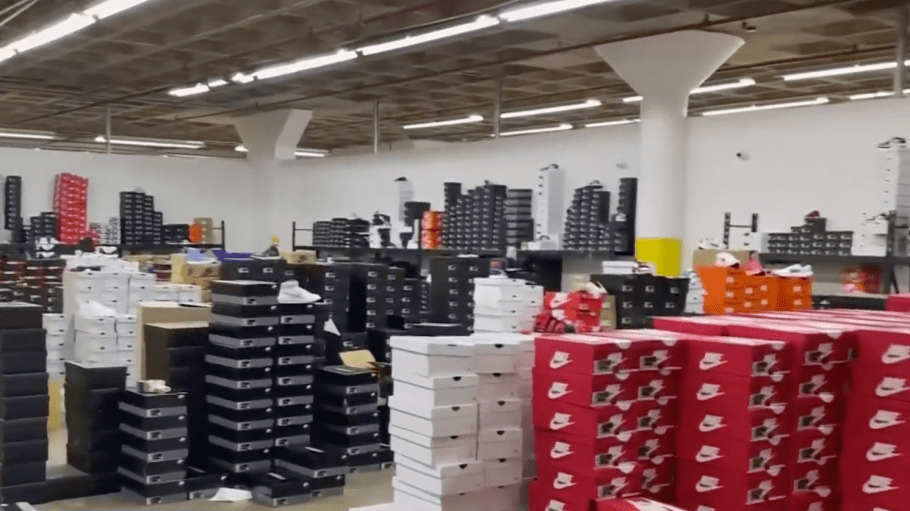 Sneakers like Nikes and Yeezys are seen in this warehouse in Chicago's Austin neighborhood, which was home base of a nationwide cargo theft ring.