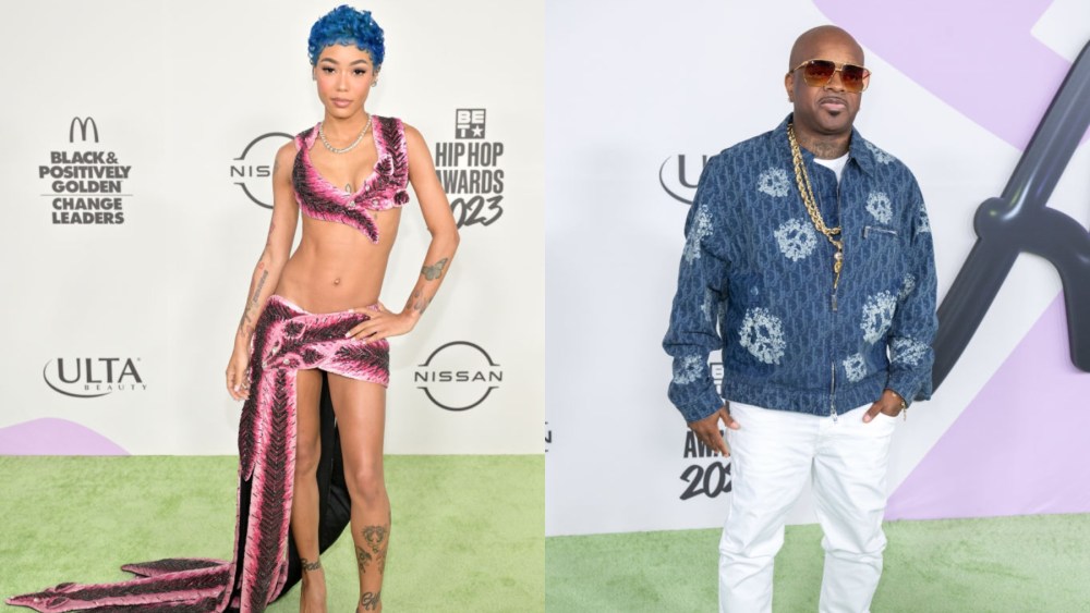 (L-R) Coi Leray and Jermaine Dupri at the 2023 BET Hip Hop Awards pre-recording on Oct. 3 in Atlanta.