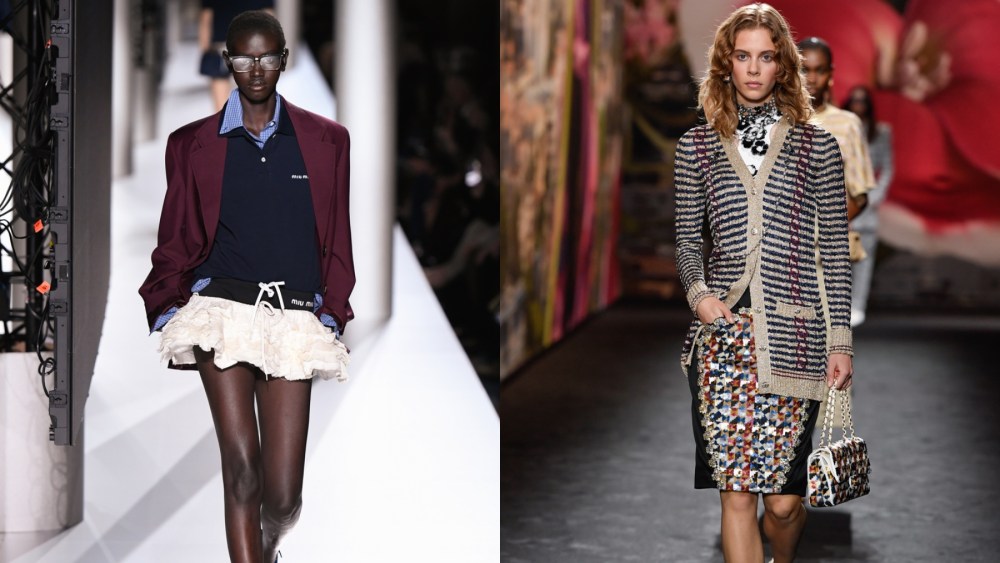 (L-R) Model walking down the runway at the Miu Miu spring 2024 ready-to-wear fashion show and model at the Chanel spring 2024 ready-to-wear fashion show on Oct. 3 in Paris.