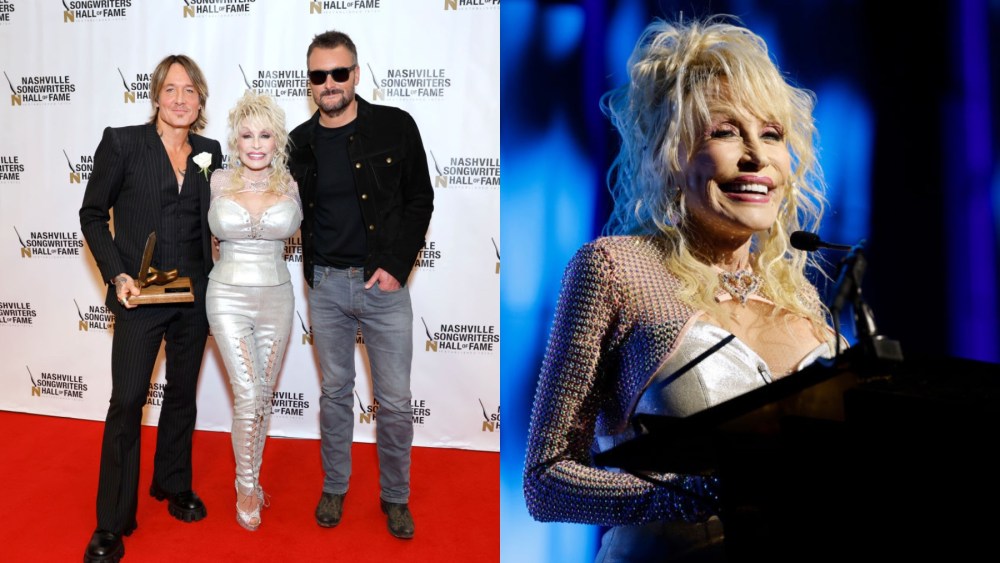 (L-R) Keith Urban, Dolly Parton and Eric Church at the 2023 Nashville Songwriters Hall Of Fame Gala on Oct. 11 in Nashville, Tennessee.