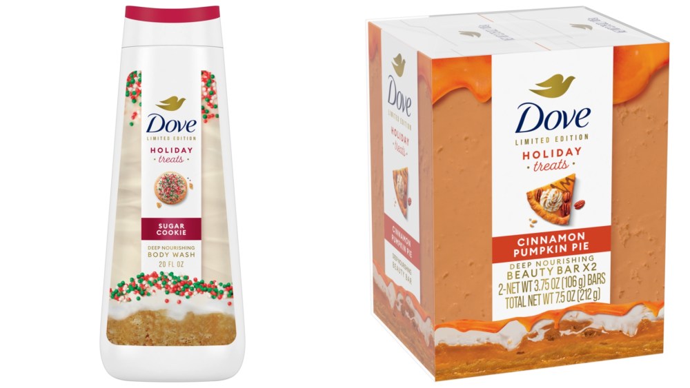 (L-R) The peppermint bark body wash and the cinnamon pumpkin pie beauty bar from the Dove holiday treats collection.