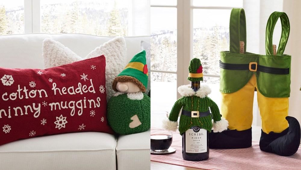 (L-R) The "Cotton Headed Ninny Muggins" lumbar ($69), the Elf shaped pillow ($69), the Elf knit beverage jacket ($24.50) and the Elf double wine bag ($34.50) from the Pottery Barn X "Elf" collection.