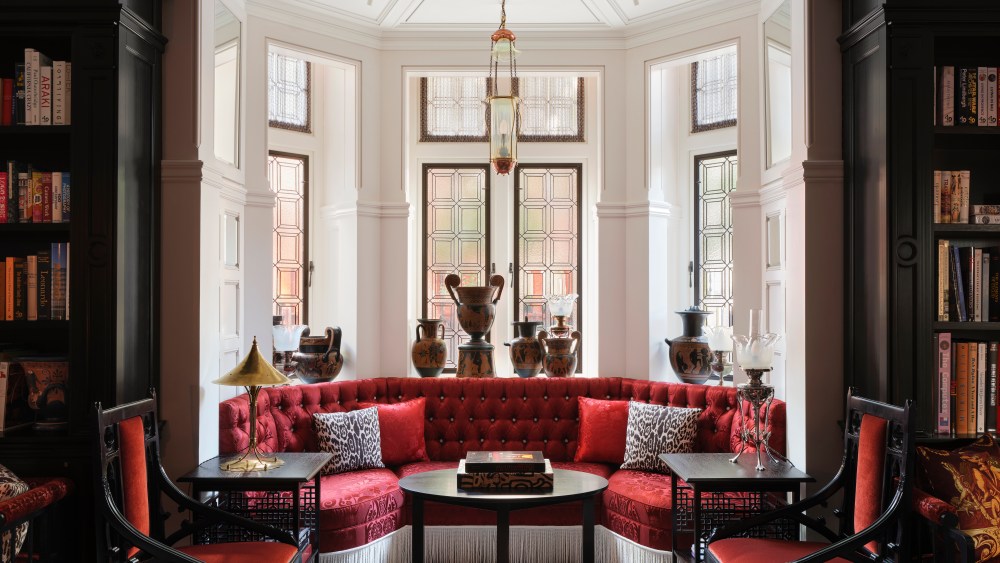 The window seat the lobby of the new London hotel At Sloane, with interiors by François-Joseph Graf.