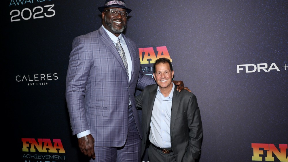 NEW YORK, NEW YORK - NOVEMBER 29: (L-R)Shaquille O’Neal and Jamie Salter attend the 2023 Footwear News Achievement Awards at Cipriani South Street on November 29, 2023 in New York City. (Photo by Jamie McCarthy/Footwear News via Getty Images)