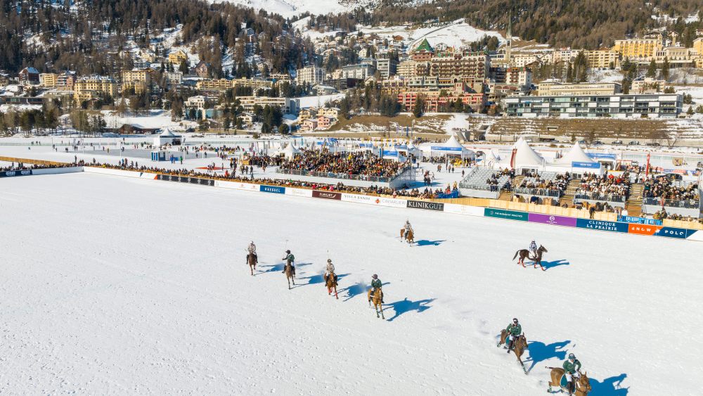 Packed polo ranks at the Polo Game 2 Clinique La Prairie vs. The Kusnacht Practice Snow Polo World Cup St.Moritz 2023