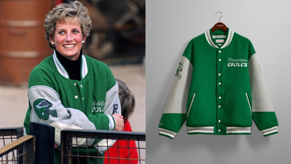 Princess Diana at Alton Towers theme park in 1994; Mitchell & Ness’ recreation of Princess Diana’s Philadelphia Eagles varsity jacket.