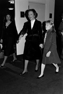 Rosalynn Carter (C) and Amy Carter (R) attend a revival performance of "West Side Story," benefitting halfway house The Green Door, at the Kennedy Center in Washington, D.C., on January 8, 1980.