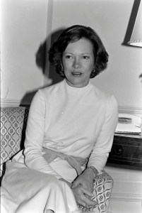 First Lady of the United States Rosalynn Carter answers questions during an interview.