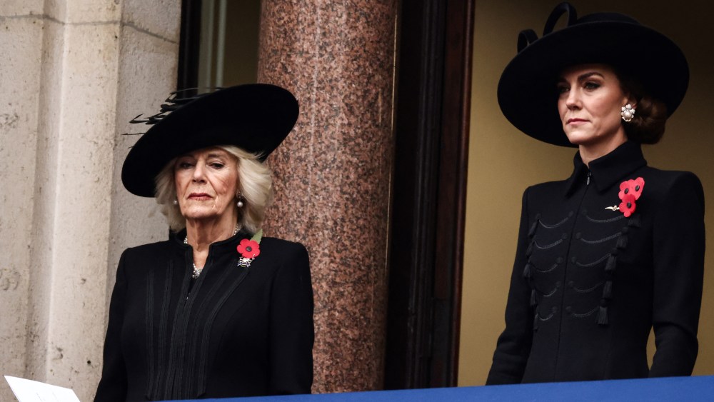 Britain's Queen Camilla (L) and Britain's Catherine, Princess of Wales attend the Remembrance Sunday ceremony at the Cenotaph on Whitehall in central London.