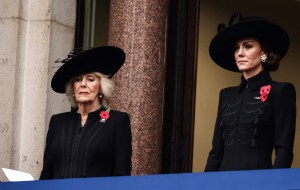 Britain's Queen Camilla (L) and Britain's Catherine, Princess of Wales attend the Remembrance Sunday ceremony at the Cenotaph on Whitehall in central London.