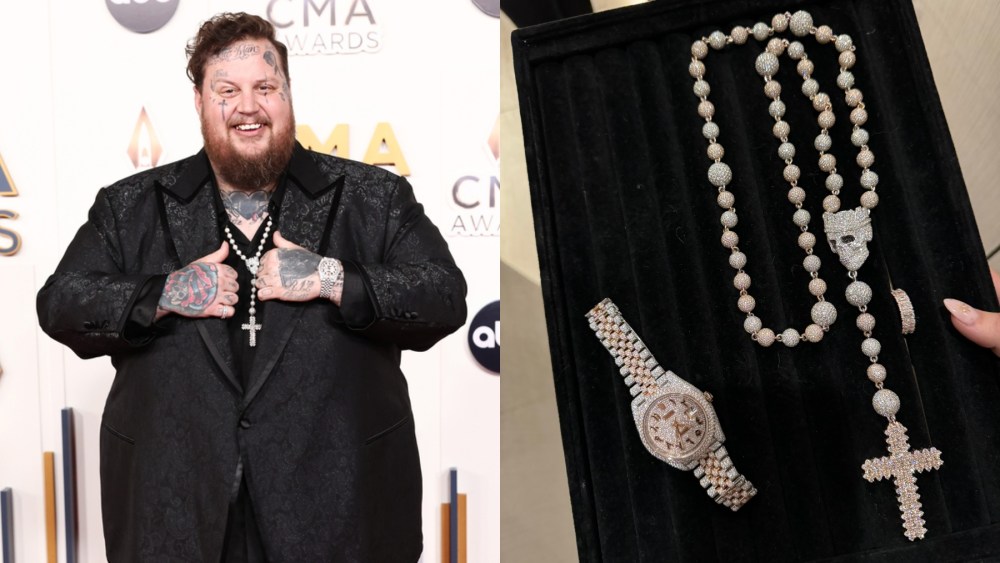 Jelly Roll at the CMAs on Nov. 8 in Nashville; Jelly Roll's Icebox jewels.