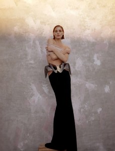 Mugler silk top and cotton and plastic hip skirt; Kloto Stone Ring 18-karat gold and sterling silver; Sara Shala sterling silver with 14-karat white gold Vermeil.