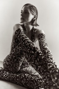 Richard Quinn printed velvet bodysuit (made in collaboration with Gina Shoes), belt and gloves; Tiffany & Co. Elsa Peretti Teardrop hoop earrings in 18-karat gold.