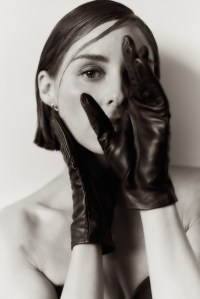 Marc Jacobs satin minidress, overwire bra and gloves.
