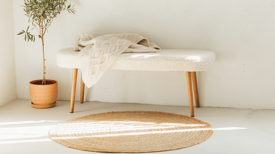 Stylish trendy decoration in Scandinavian minimalist style with copy space. Place for your concept. Cozy home decorate in hallway.