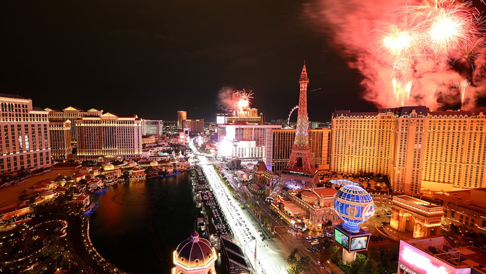 LAS VEGAS, NEVADA - NOVEMBER 15: A general view of fireworks at the Opening Ceremony during previews ahead of the F1 Grand Prix of Las Vegas at Las Vegas Strip Circuit on November 15, 2023 in Las Vegas, Nevada.