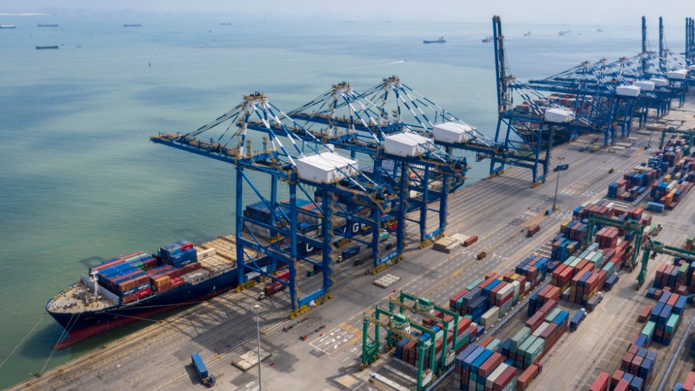 Aerial view of containers at the Port of Nansha on Feb. 23, 2020 in Guangzhou, Guangdong Province of China.