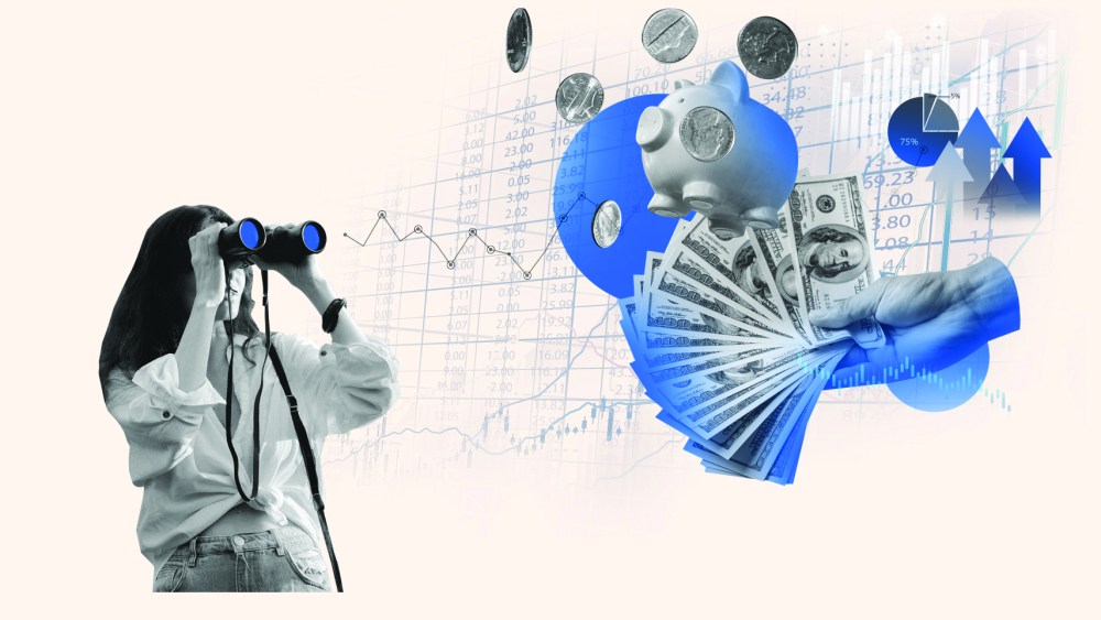 Girl looks through binoculars at graphic with cash, up arrow images, coins, showing stock market image