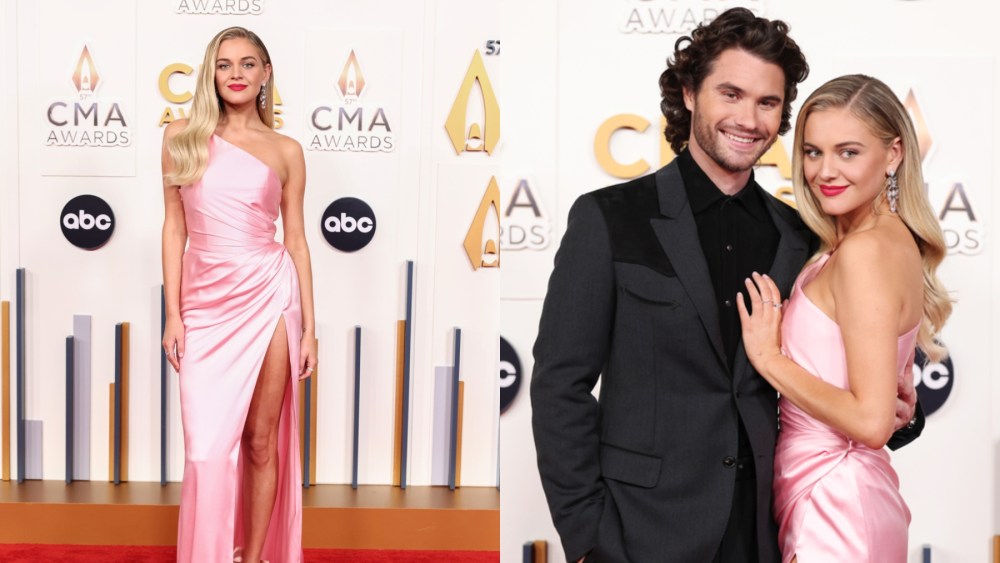 (L-R) Chase Stokes and Kelsea Ballerini at the 2023 CMA Awards in Nashville on Nov. 8, pink dress