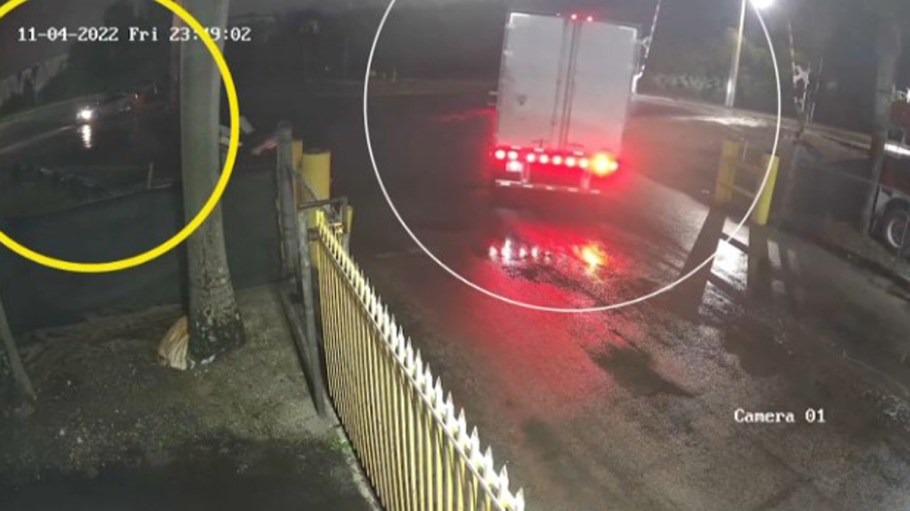 Surveillance footage from the Nov. 2022 theft of a truck and tractor-trailer in Medley, Fla.
