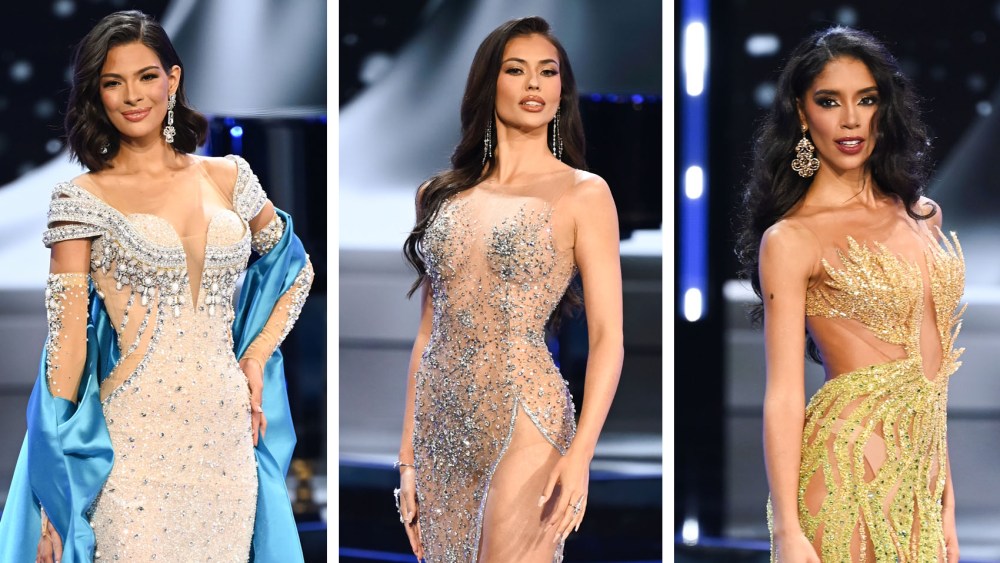 (L-R): Miss Thailand Anntonia Porsild, Miss Nicaragua Sheynnis Palacios and Miss Spain Athenea Paulinha Pérez compete in the Miss Universe 2023 evening gown competition on Nov. 18 in San Salvador, El Salvador, dresses