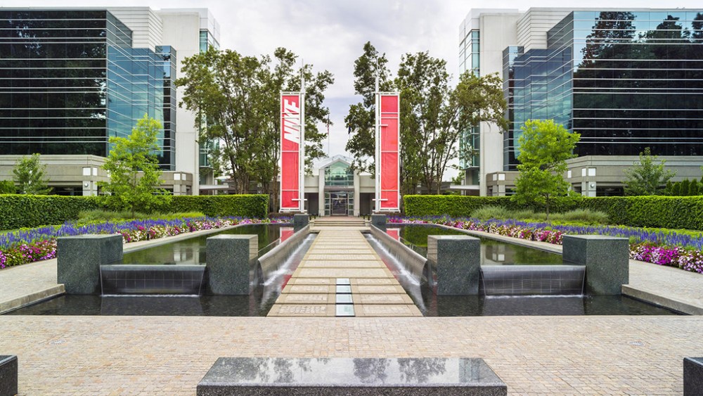 A look at the entrance of the Nike HQ in Beaverton, Ore.