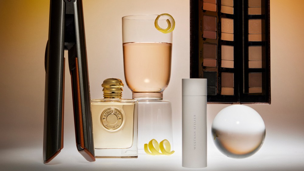 Dyson Airstrait, Burberry Goddess; Liquid I.V. Sugar-Free Hydration Multiplier, Westman Atelier Skin Activator Serum, Danessa Myricks Beauty Groundwork Defining Neutrals Palette photographed by Chelsie Craig for Beauty Inc on Nov. 13, 2023 in New York.