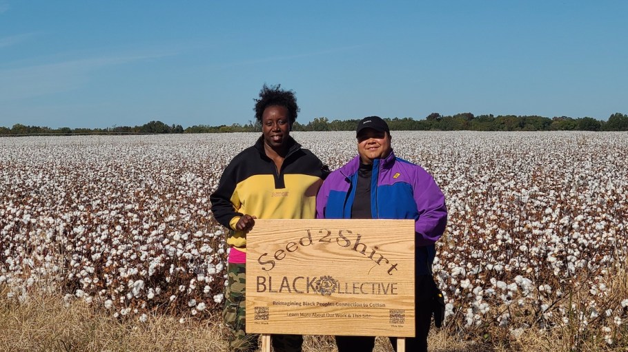 Tameka Peoples, left, founder of Seed2Shirt, and Deandra Eubanks, co-founder and CMO of Seed2Shirt, in a field on one of the U.S. Black-owned cotton farms.